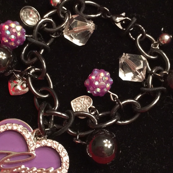 NIB Guess Blk-Slvr Metal Purple Heart Bracelet - Picture 3 of 4